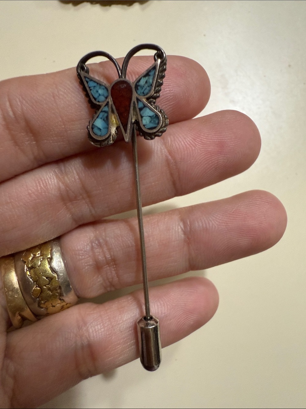 🌵 VTG SOUTHWESTERN BUTTERFLY STICK PIN • TURQUOISE & CORAL CHIPS
